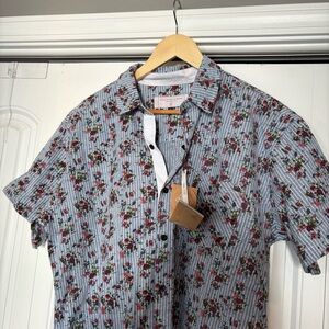 Something Strong Blue And White Floral/Stripe‎ Button Down Shirt Size XL